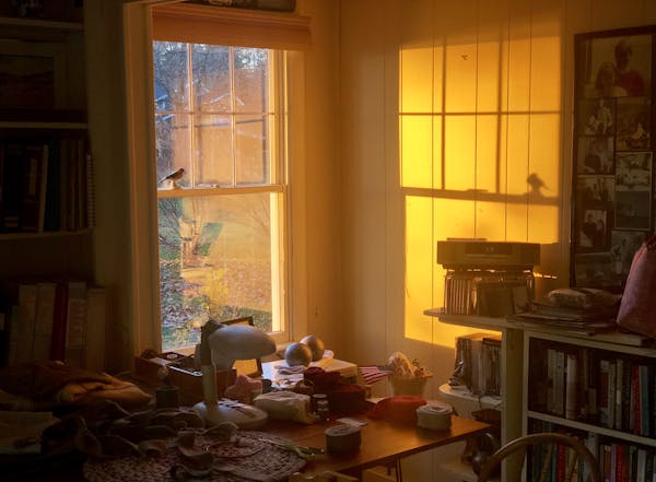 Warm sunset light fills a cozy, cluttered room with a view of the countryside.